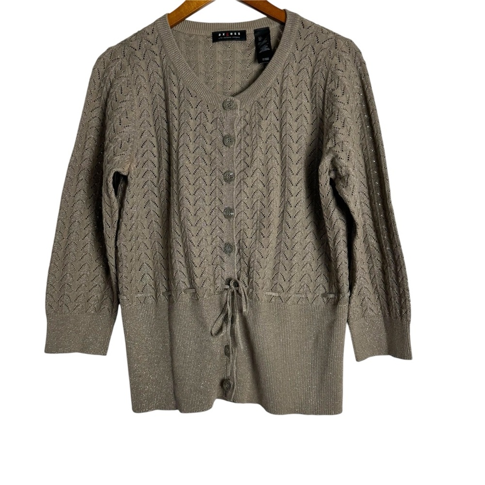 Axcess Button Down Knit Cardigan Sweater Top in Tan  Metallic Sheen